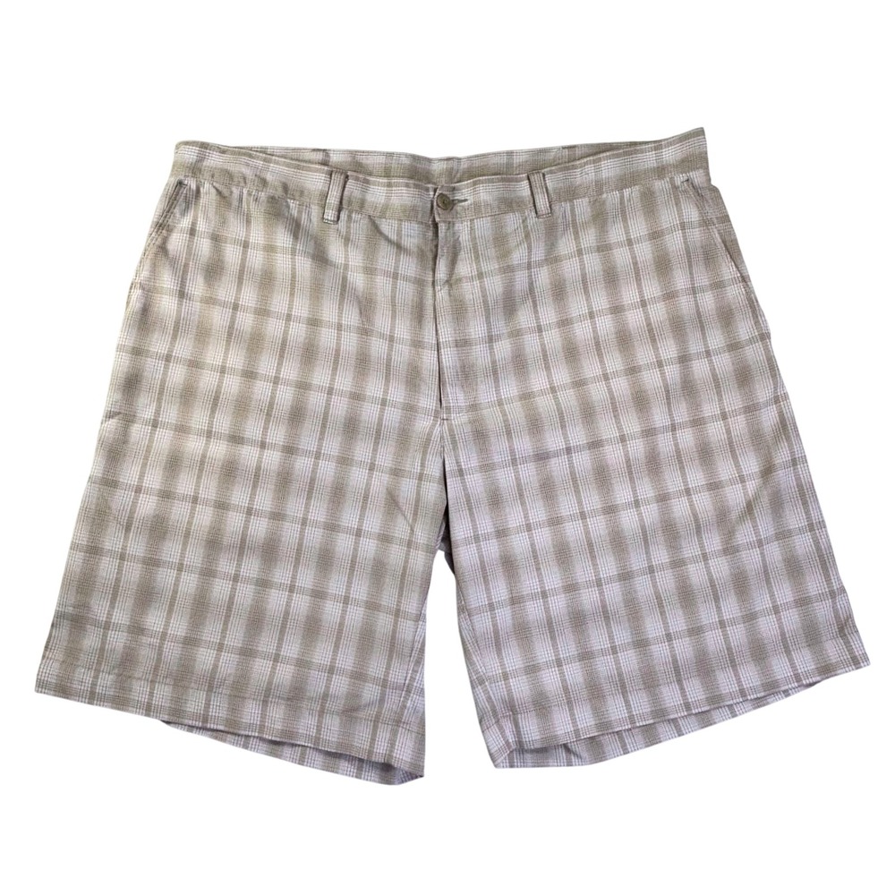 PGA Tour Mens Tan White Plaid Golf Shorts Size 40 Flat Front Polyester